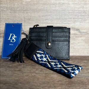 Wristlet wallet Black with Blue Patterned Strap
